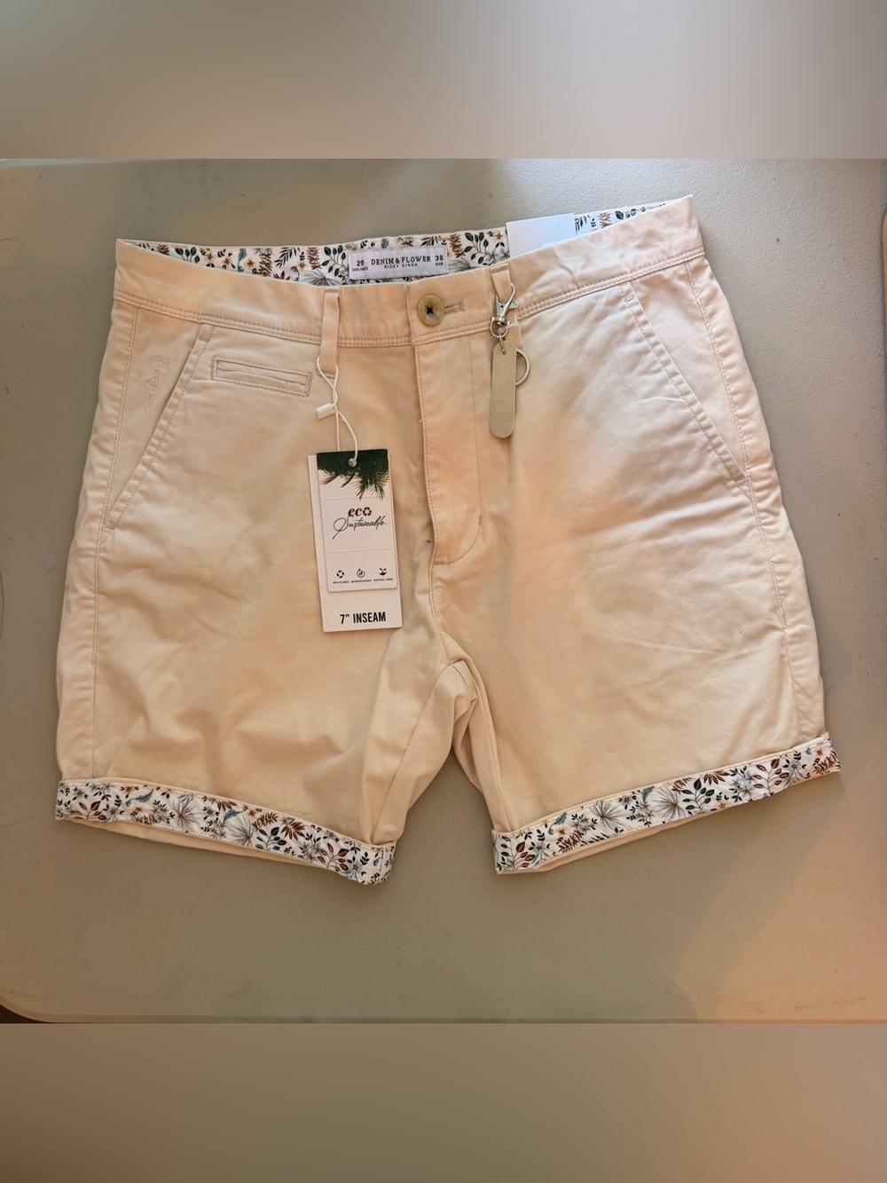 Denim & Flower Tan Women's Rolled-Hem Shorts with Floral Trim